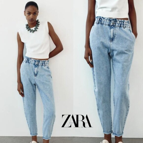 ZARA High-Waisted Paperbag Baggy Blue Jeans Style Z1975 Size 2 - Picture 1 of 16